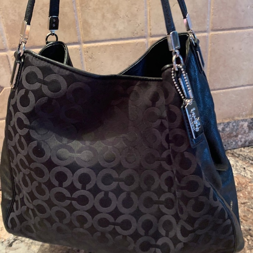 Authentic COACH Large Leather and Signature Canvas Style Shoulder Bag, Black